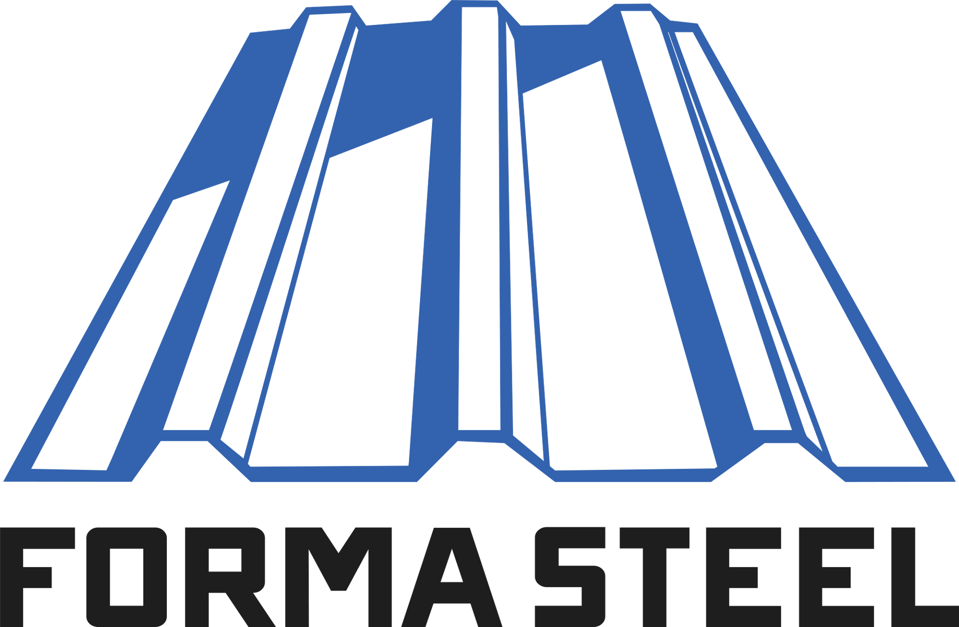 Forma Steel logo with blue stylized steel beams above black text