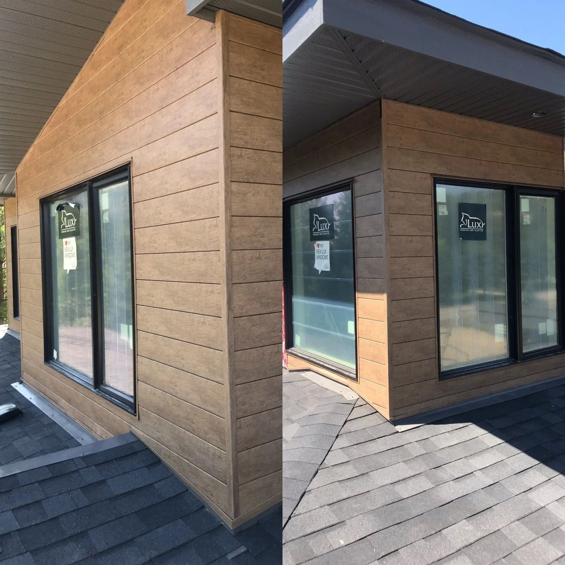 Modern wood-clad building corner with large black-framed windows and dark shingled rooflines