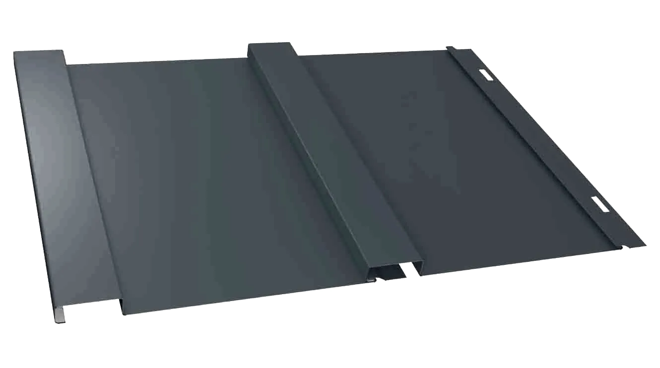 Gray metal roof panel with ridges and mounting flanges on a white background