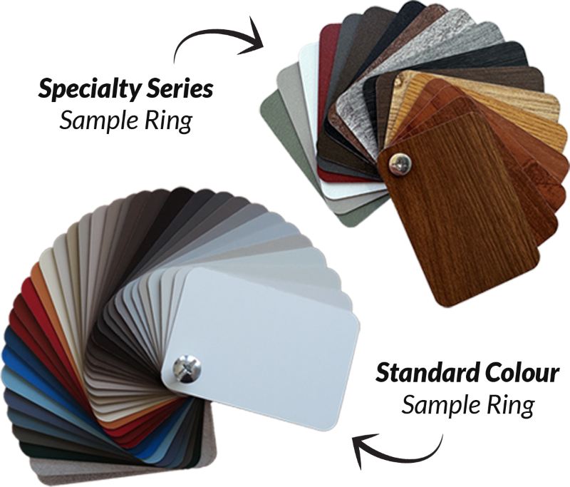 Specialty and standard colour sample rings with fan-shaped swatches in assorted neutral tones