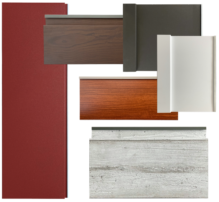Assorted sample panels in red, wood, dark gray, white, and light gray finishes
