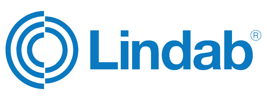 Lindab logo in blue with a circular icon and wordmark on a white background