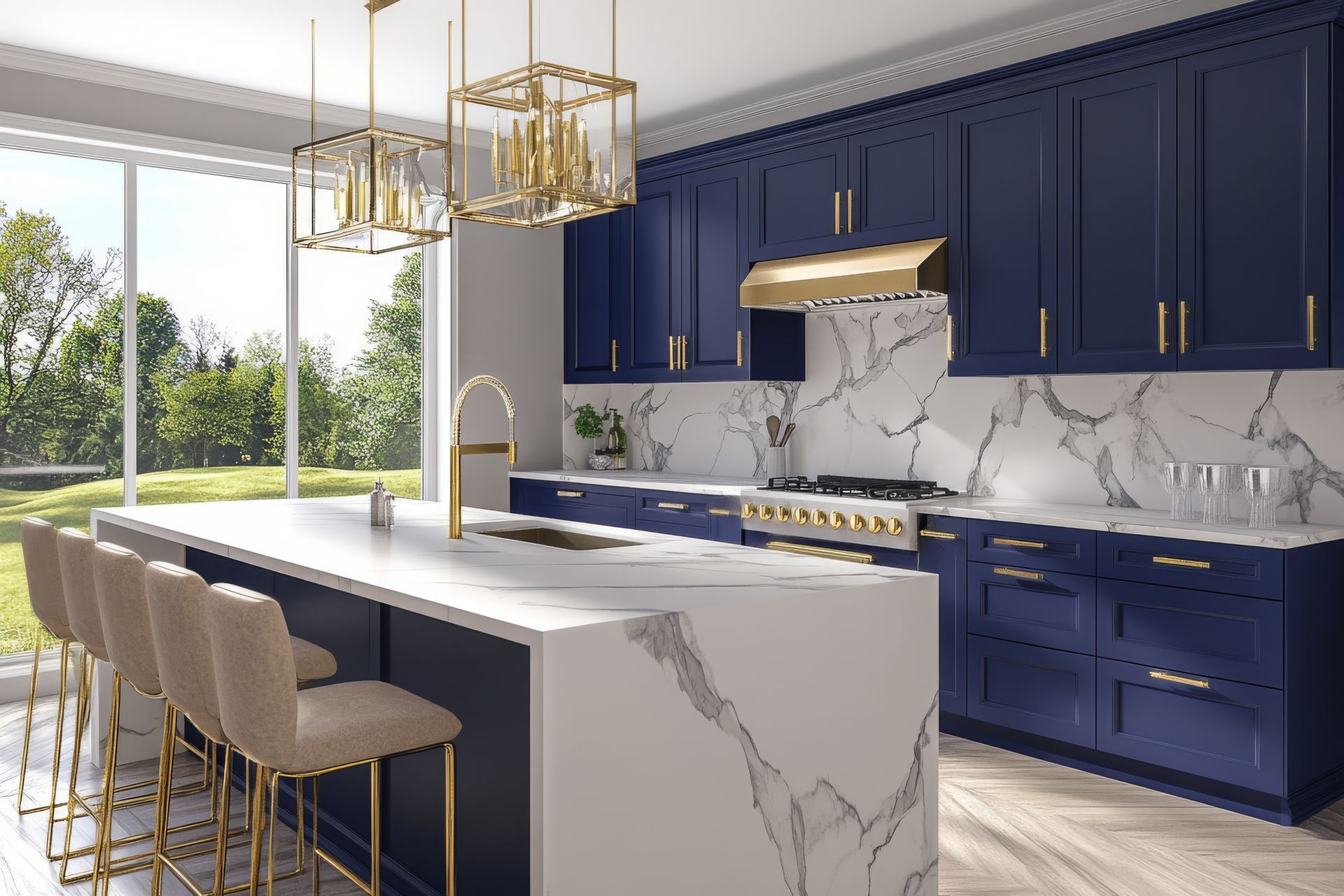 Modern kitchen with navy blue cabinets, marble countertops, and gold fixtures.
