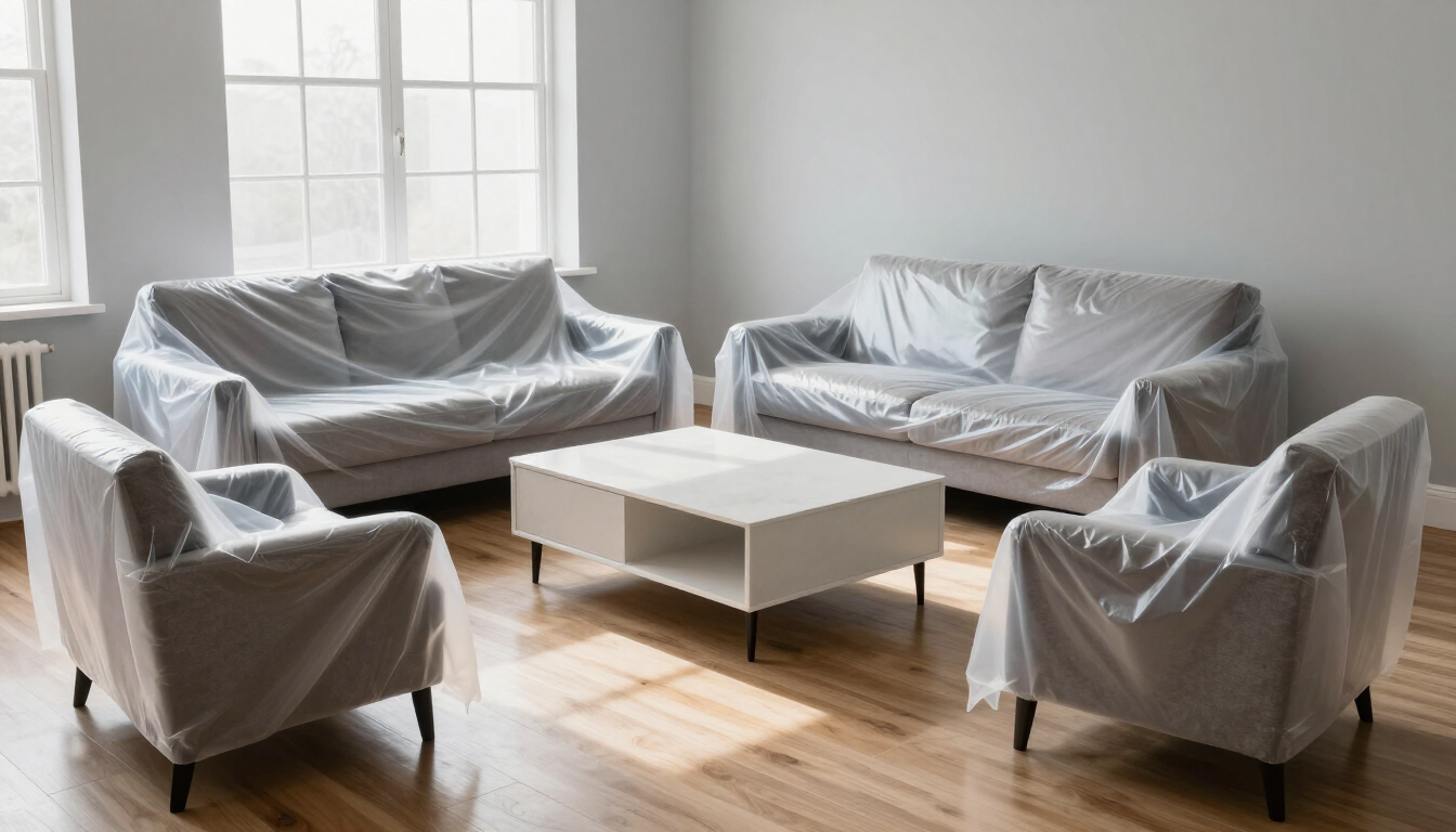 A living room prepared for professional painting with furniture covered in plastic.