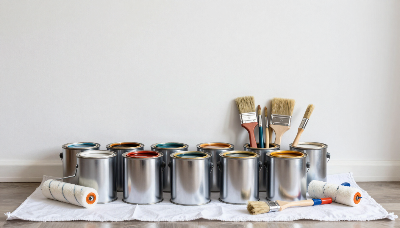 A professional painter's workspace showing a clean wall and tools