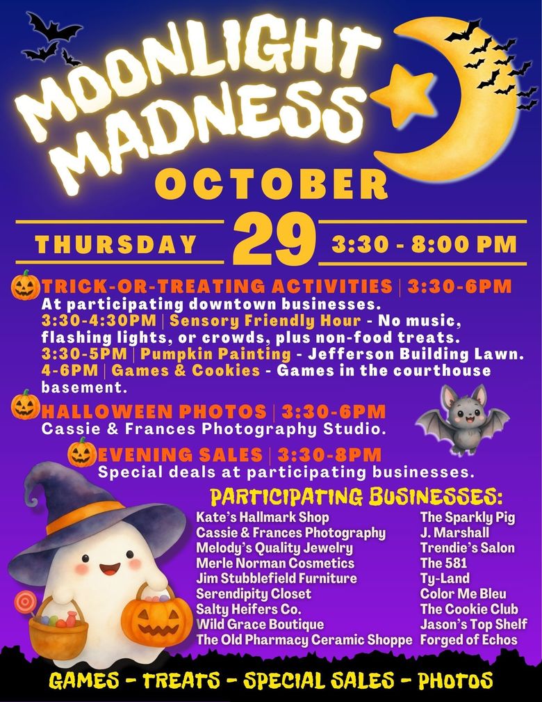 Moonlight Madness October 29 flyer with trick-or-treating, costumes, pumpkins, games, and family activities.