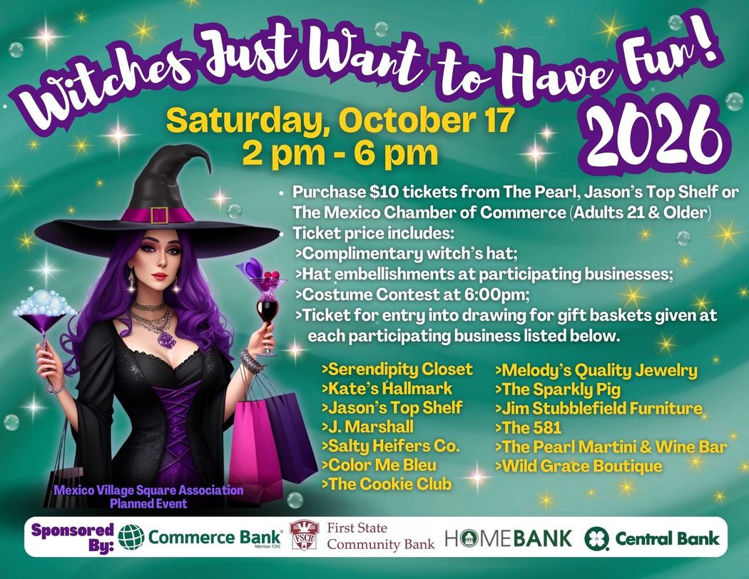 Halloween flyer for “Witches Just Want to Have Fun!” on Oct. 17, 2026, with a purple witch illustration