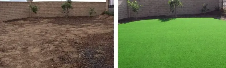 Before-and-after yard: bare brown dirt on the left, lush bright green grass on the right.