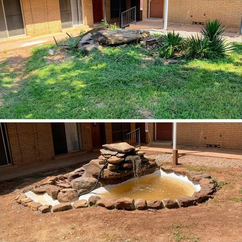 Before-and-after of a small backyard pond area: lush grass replaced by a dry, muddy basin with rocks and water.