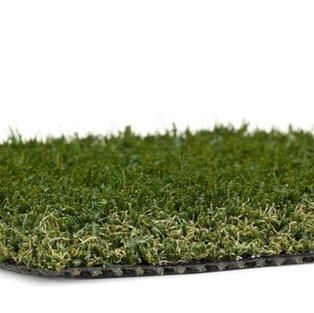 Patch of green artificial grass turf on a white background