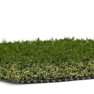 Patch of green grass turf with dense blades on a black backing, isolated on white