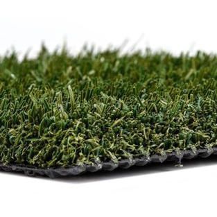 Close-up of green artificial grass turf roll with black backing