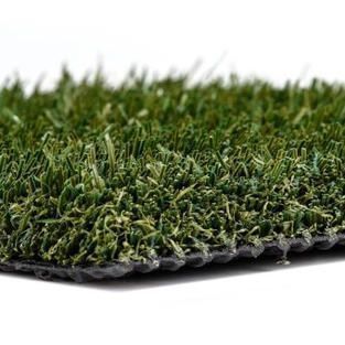 Close-up of artificial green grass turf with a textured backing on a white background