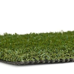 Close-up of artificial grass turf with a black backing, on a white background