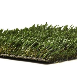 Close-up of synthetic grass turf with dark green blades and black backing