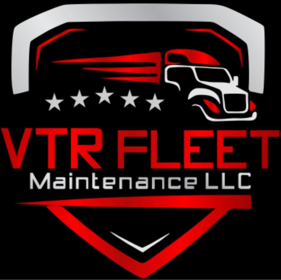 Logo for VTR Fleet Maintenance LLC: Truck silhouette, stars, and text on a black background. Red and white colors.