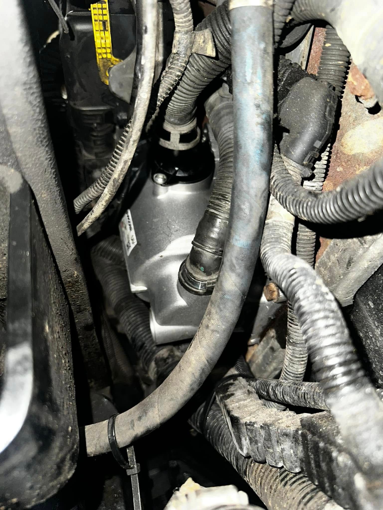 Engine compartment with a silver power steering pump, hoses, and wiring.