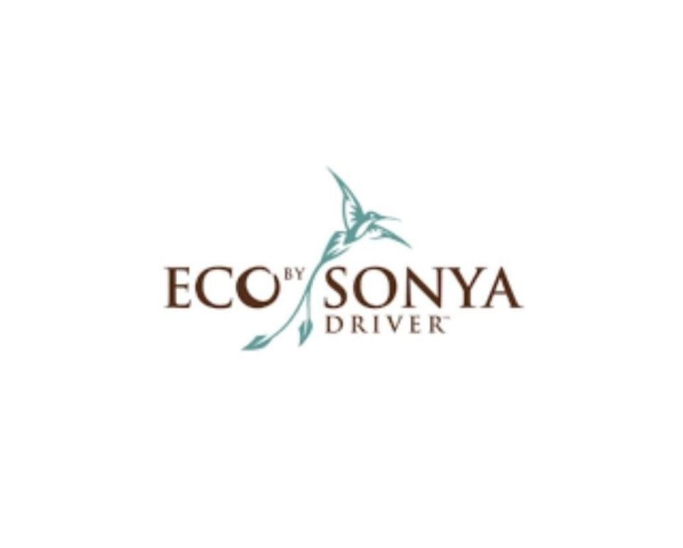 Logo for Eco by Sonya Driver. Brown text with teal hummingbird graphic.