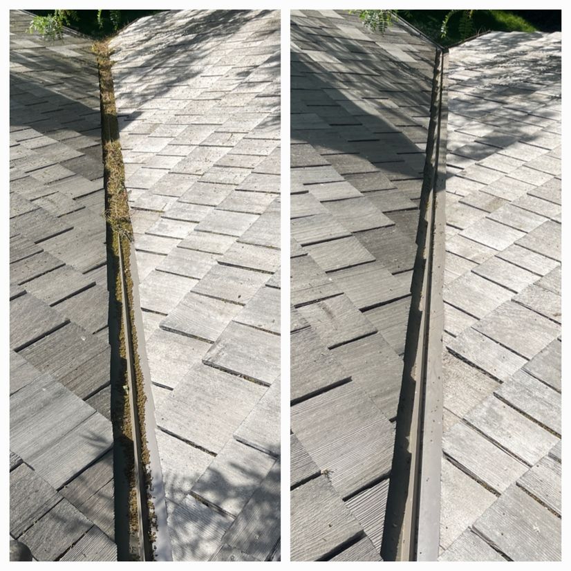 A before and after photo of a roof