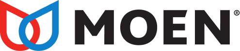A red and blue logo for the company moen
