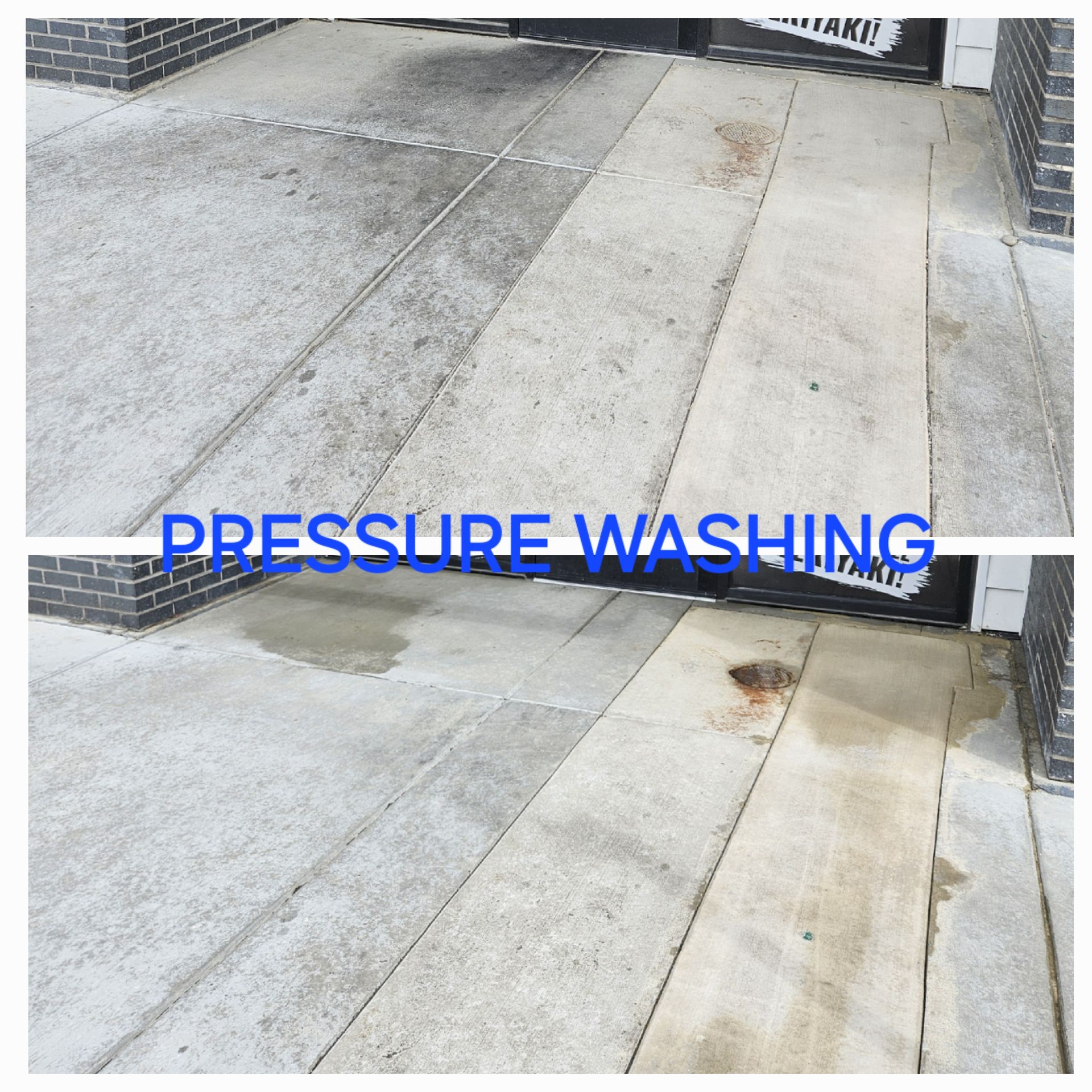 A picture of a sidewalk before and after pressure washing