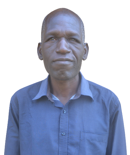 A man in a blue shirt is standing in front of a white background