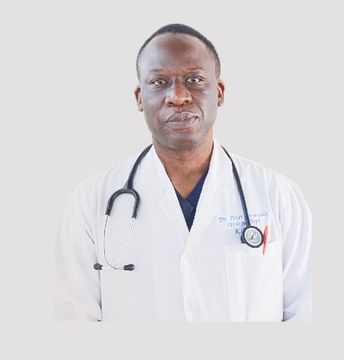 A doctor wearing a white coat and a stethoscope around his neck