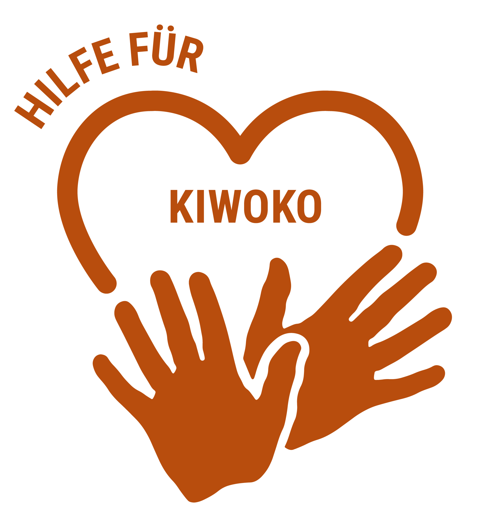 A logo for hilfe fur kiwoko with two hands holding a heart