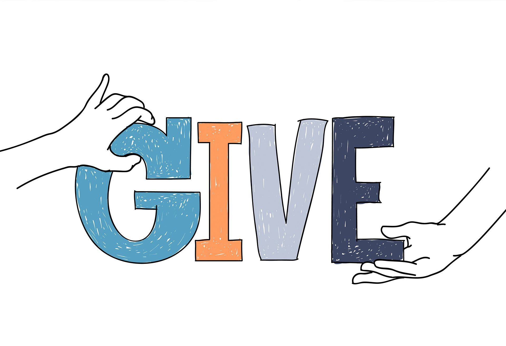 A person is holding the word give in their hands.