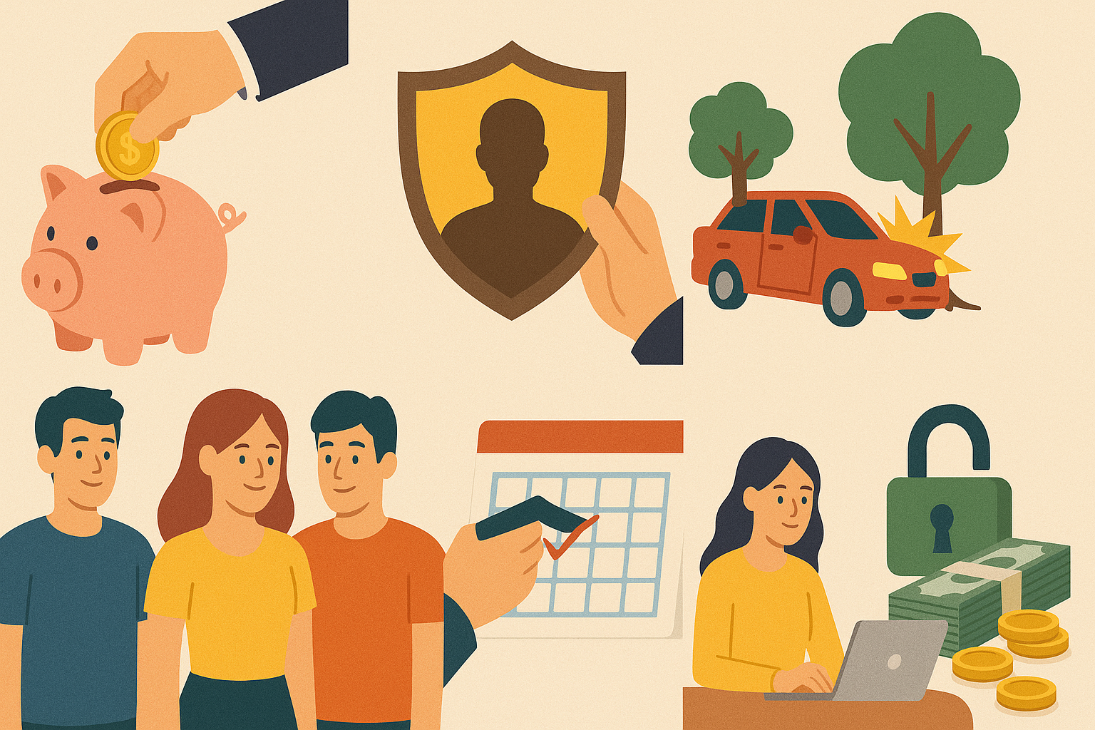 Insurance-themed graphic. Piggy bank, shield, car crash, people, calendar, woman with laptop, money, and lock.