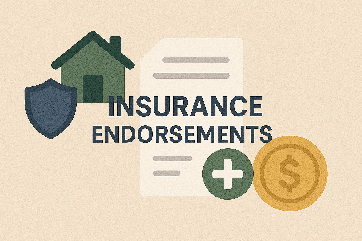 Insurance endorsements graphic: house, shield, document, plus sign, coin.