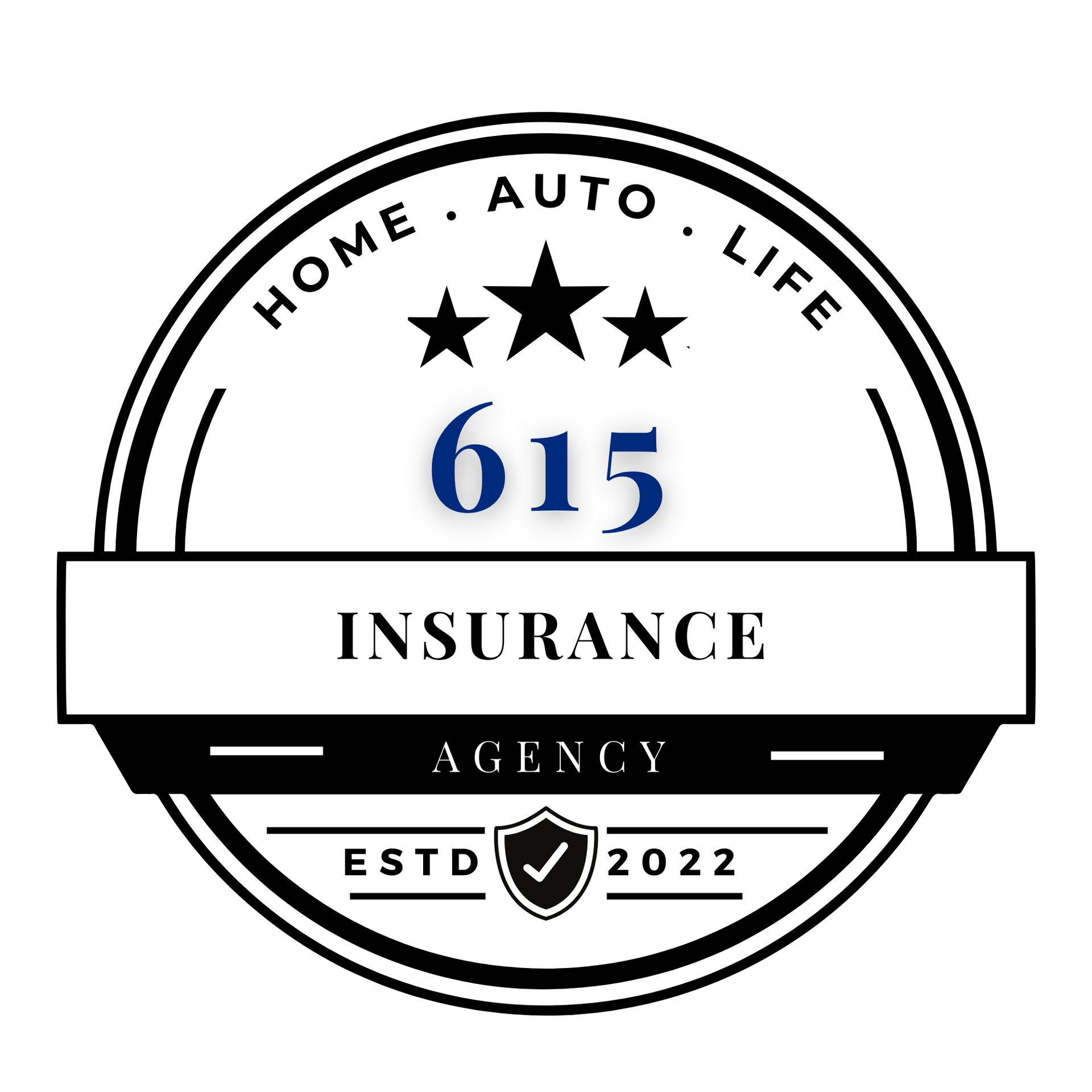 Logo for 615 Insurance Agency. Features a circular emblem with text, stars, and a shield.