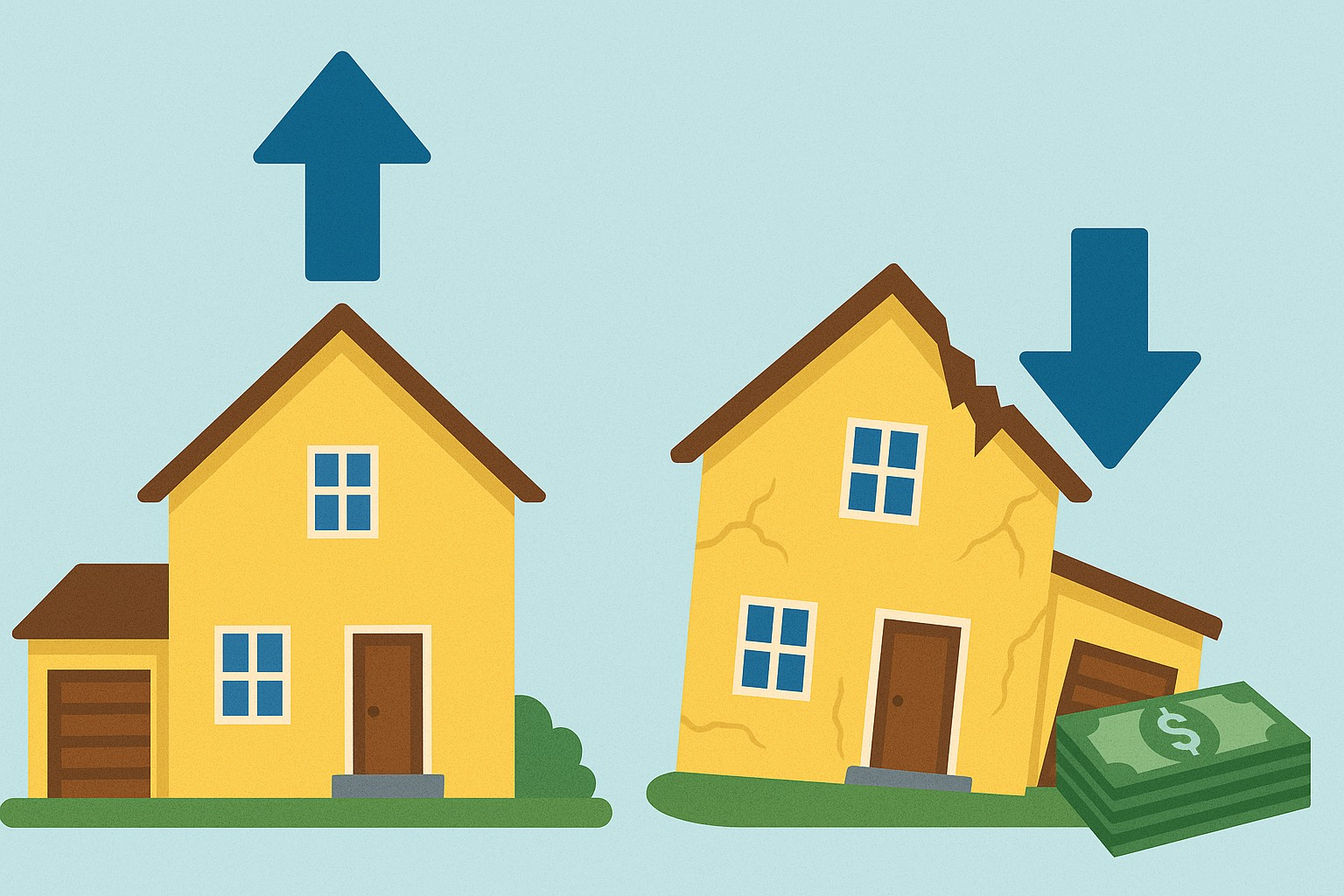 Two yellow houses, one intact with an up arrow, one damaged with a down arrow and money.