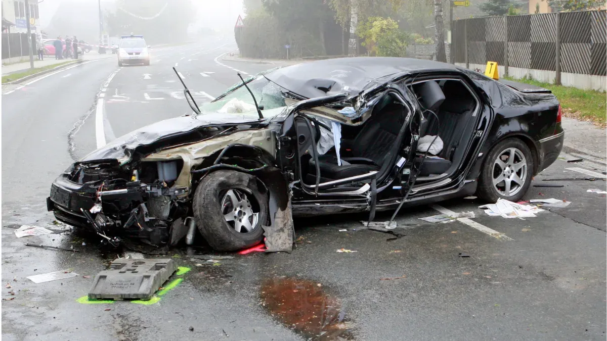 Damaged black car after a collision on a road, debris scattered, doors open.