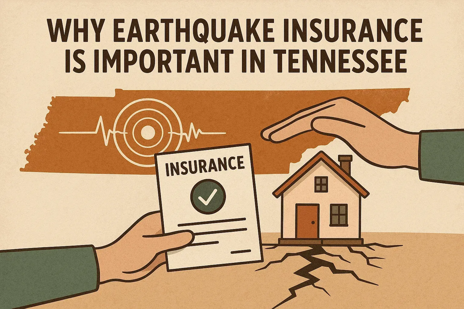 Illustration promoting earthquake insurance in Tennessee: hands, a house, a cracked ground, and an insurance document.
