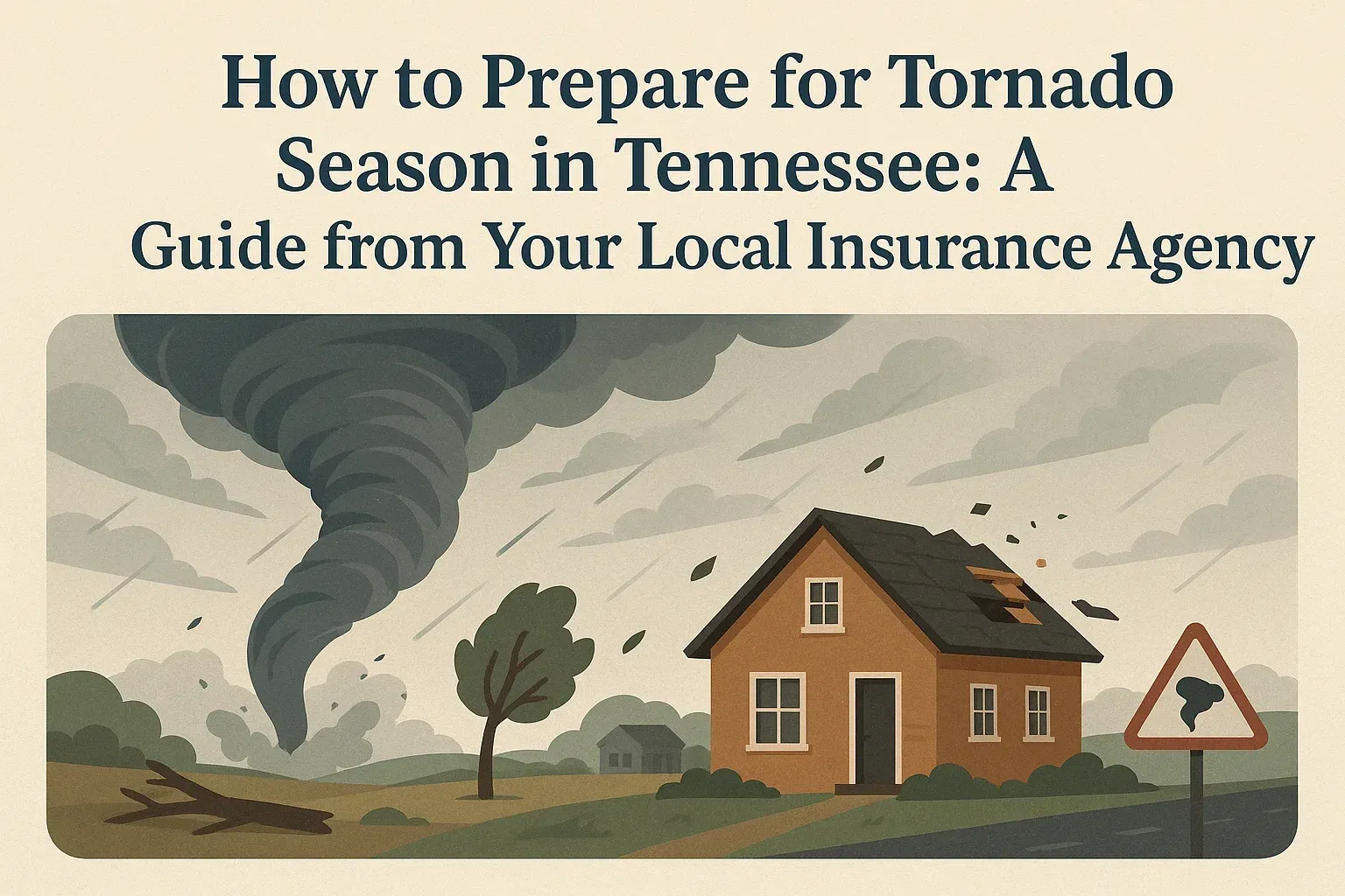 Illustration of a tornado approaching a house in Tennessee, with a guide from a local insurance agency.