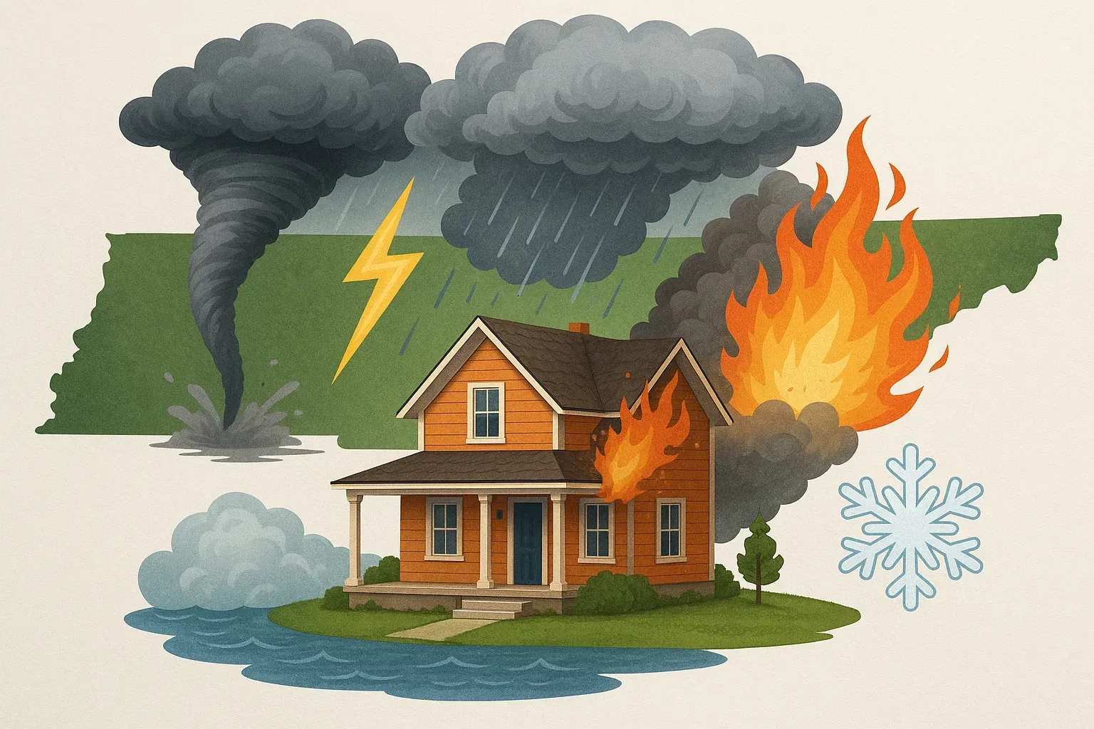 House surrounded by natural disasters: tornado, fire, flood, thunderstorm, and snowflake.