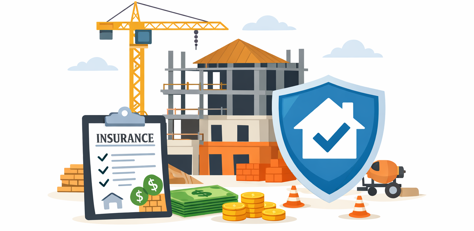 Construction site with insurance check, shield, money, and paperwork.