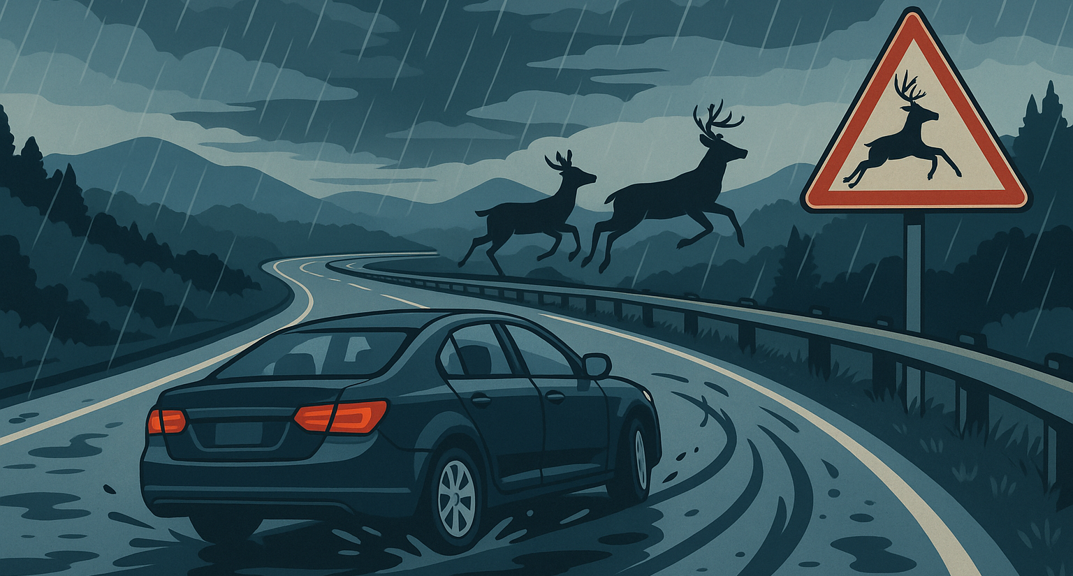 A car drives on a wet road, deer cross the road, and a deer crossing sign is visible.