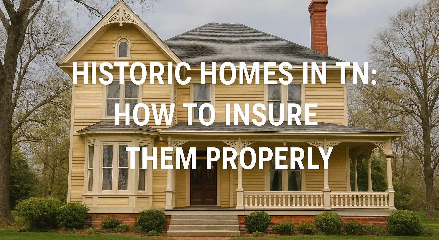 Yellow historic house with a porch and title: