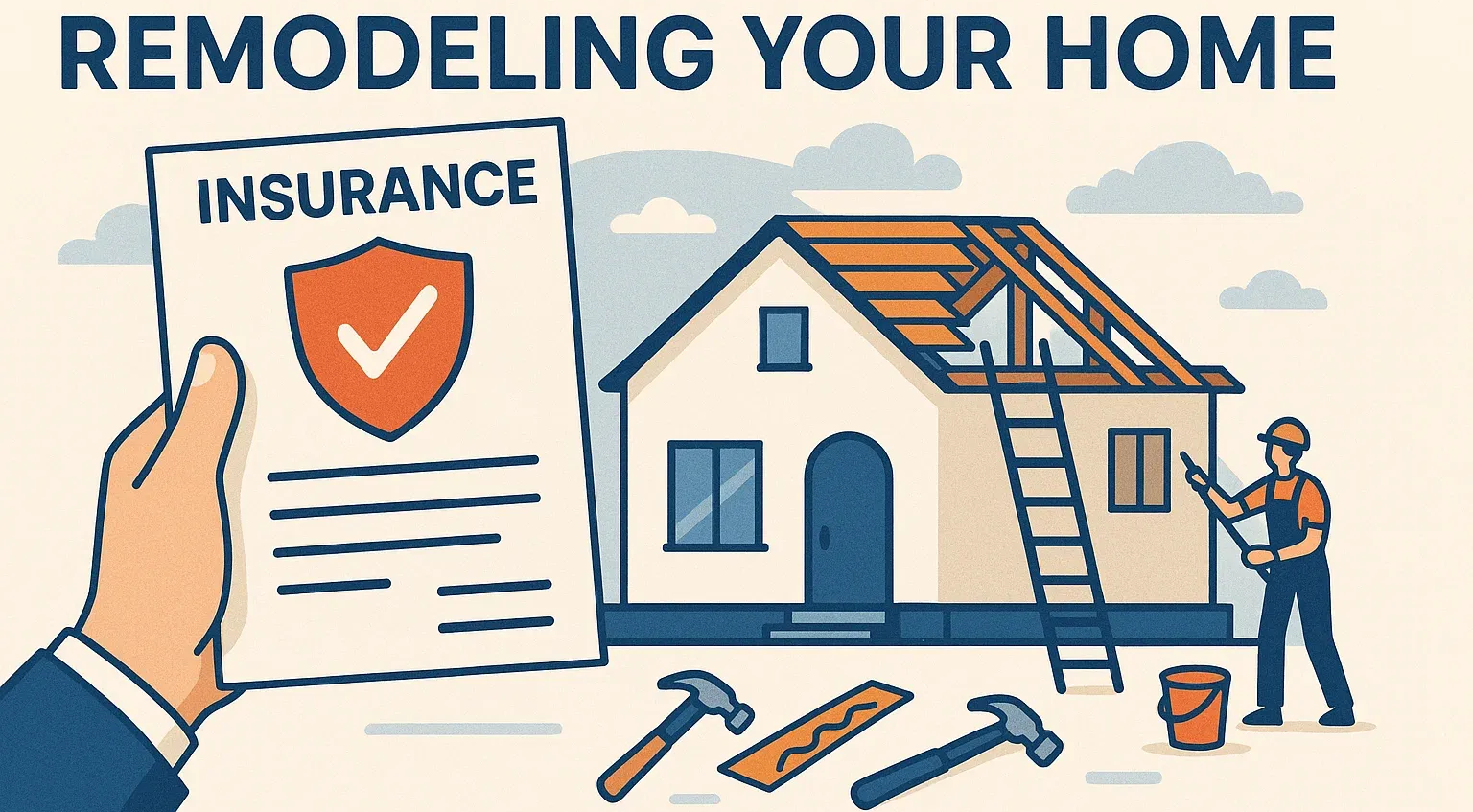 Hand holding insurance document next to a house under construction and construction tools.