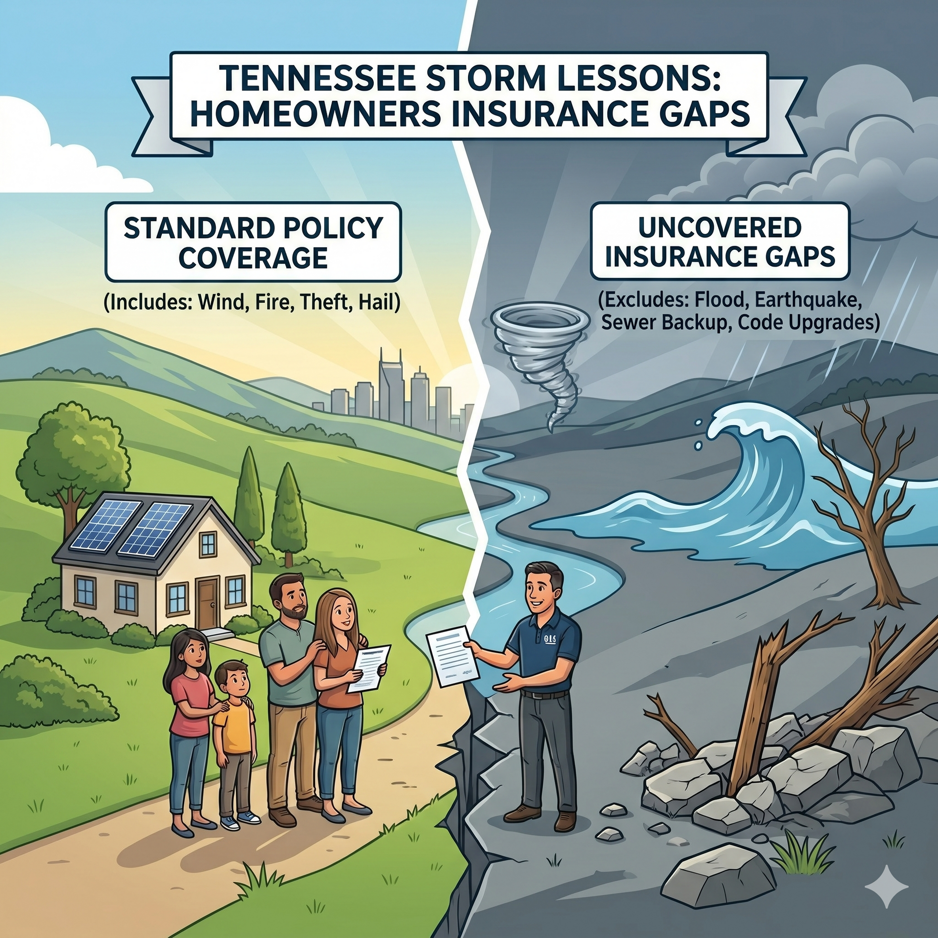 Picture showing what storm damage is covered by standard coverage and what is not covered.