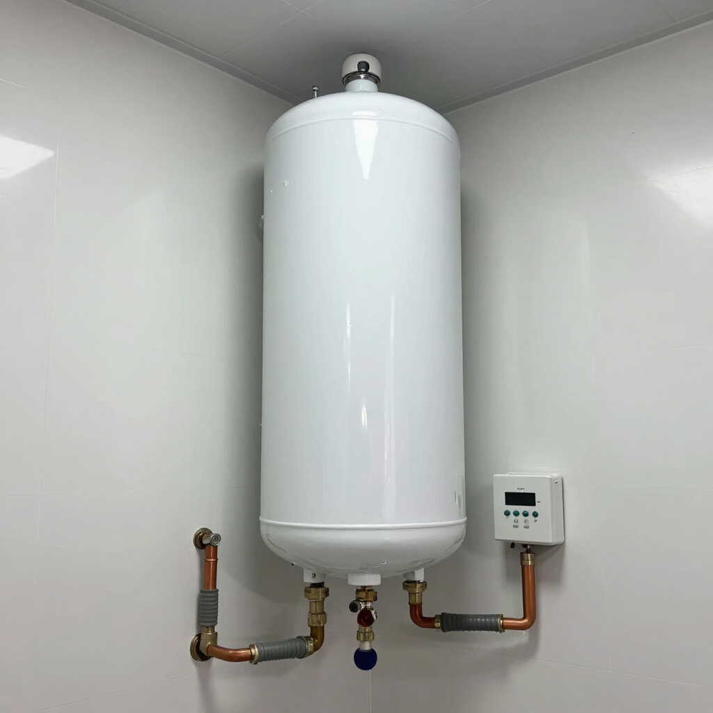 White cylindrical water heater with pipes and control box in a utility room corner