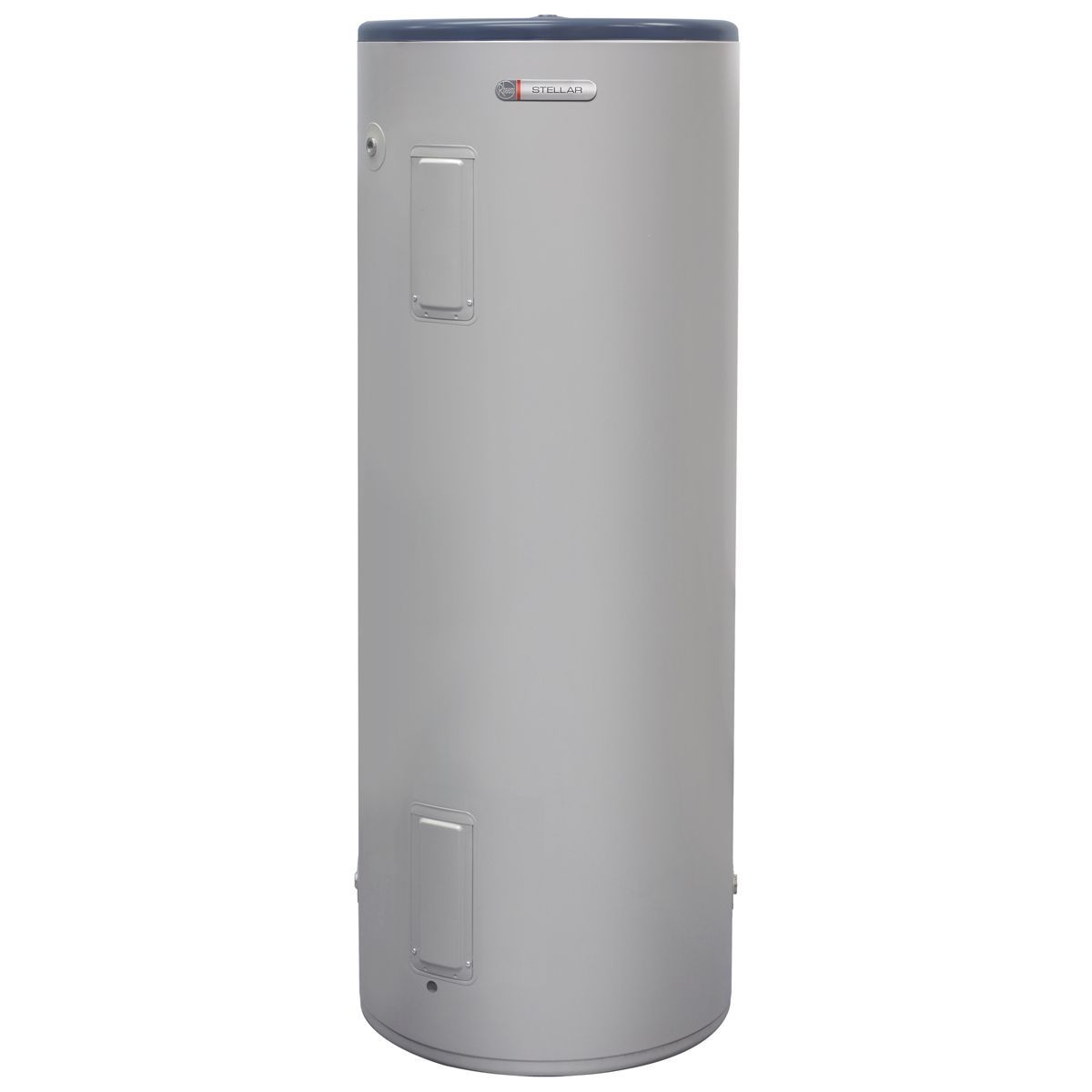Tall silver cylindrical water heater with a small brand label on a white background