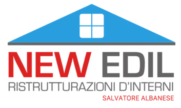 Logo di New Edil con tetto blu, testo rosso e grigio e “Ristrutturazioni d'interni” sotto.