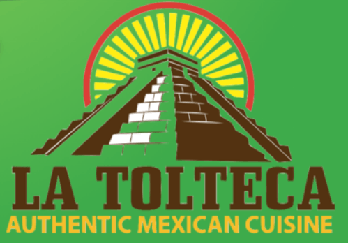 La Tolteca restaurant logo with a brown pyramid, yellow sunburst, and green background.