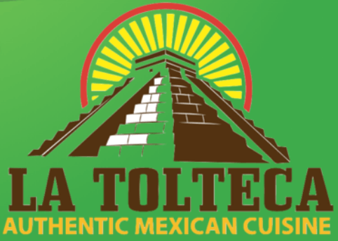 La Tolteca logo: Aztec pyramid with sunburst over, green background, and brown text.