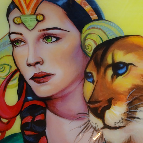 Woman with elaborate headdress, green eyes, and a cougar with blue eyes, painted with vibrant colors.