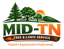Logo for Mid-TN Tree & Lawn Service featuring a large tree, a sunrise, two chainsaws, and the business name on a wood panel.