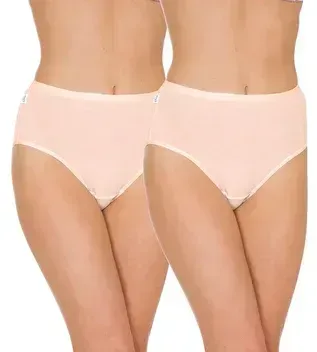Two Pairs of Peach-coloured High-waisted Briefs on the Lower Bodies of Two People — Shona's Lingerie in Hermit Park, QLD